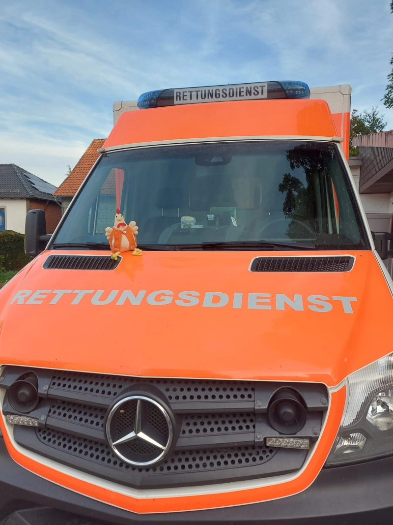 Hugo auf dem Rettungswagen vom ASB Sehlem